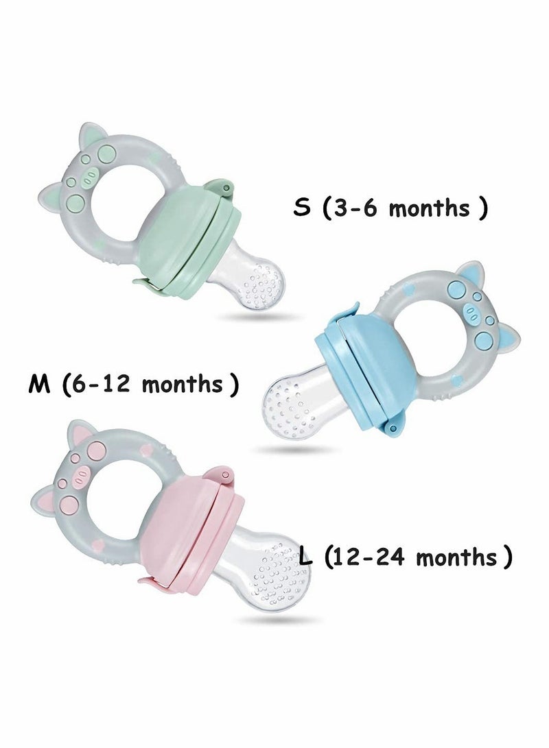 Baby Fresh Fruit Food Feeder Nibbler Pacifier, Piggy Handle Training Massaging Toy Teether, Food Grade Soft Safe BPA-Free Silicone Pouches, Babies Toddlers Infants Kids 3 Pack