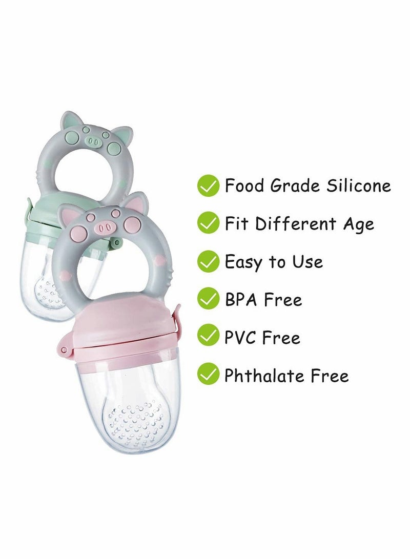 Baby Fresh Fruit Food Feeder Nibbler Pacifier, Piggy Handle Training Massaging Toy Teether, Food Grade Soft Safe BPA-Free Silicone Pouches, Babies Toddlers Infants Kids 3 Pack