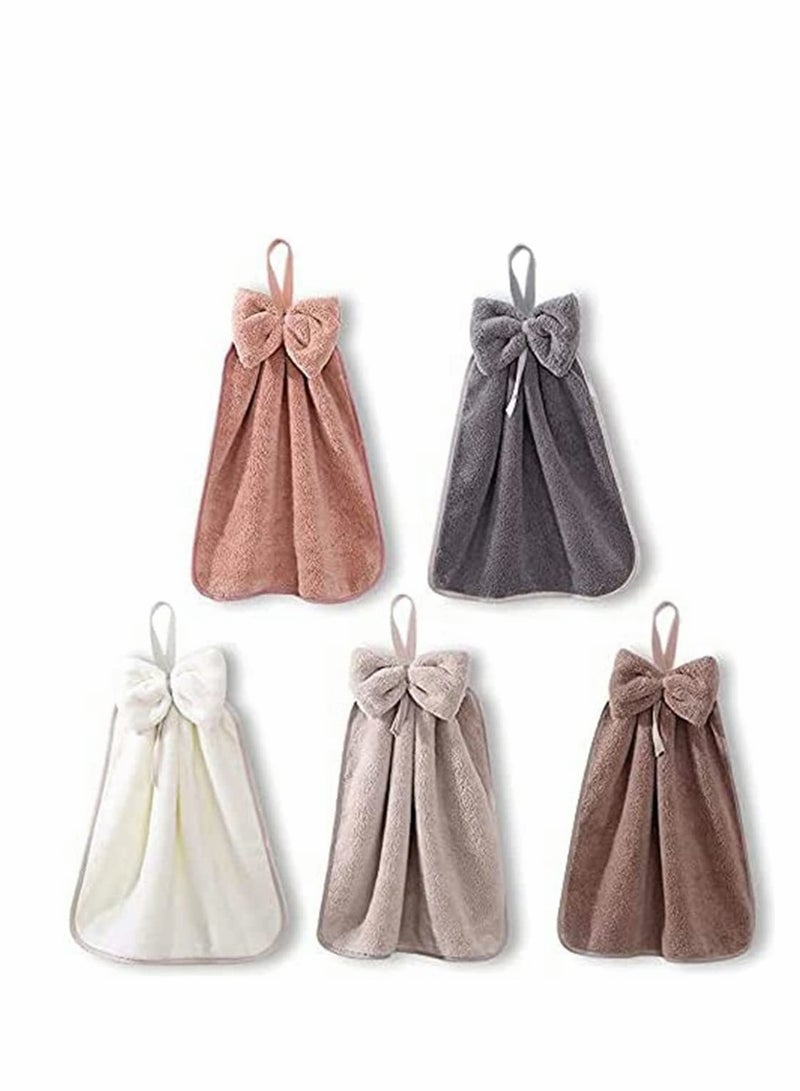 5 Pcs Bow Hand Towels with Hanging Loop, 100% Microfiber Coral Fleece Hanging Band Towel, Ultra Soft, Highly Absorbent and Quick Drying for Bathroom, Kitchen and Spa, Machine Washable (5 Colors)