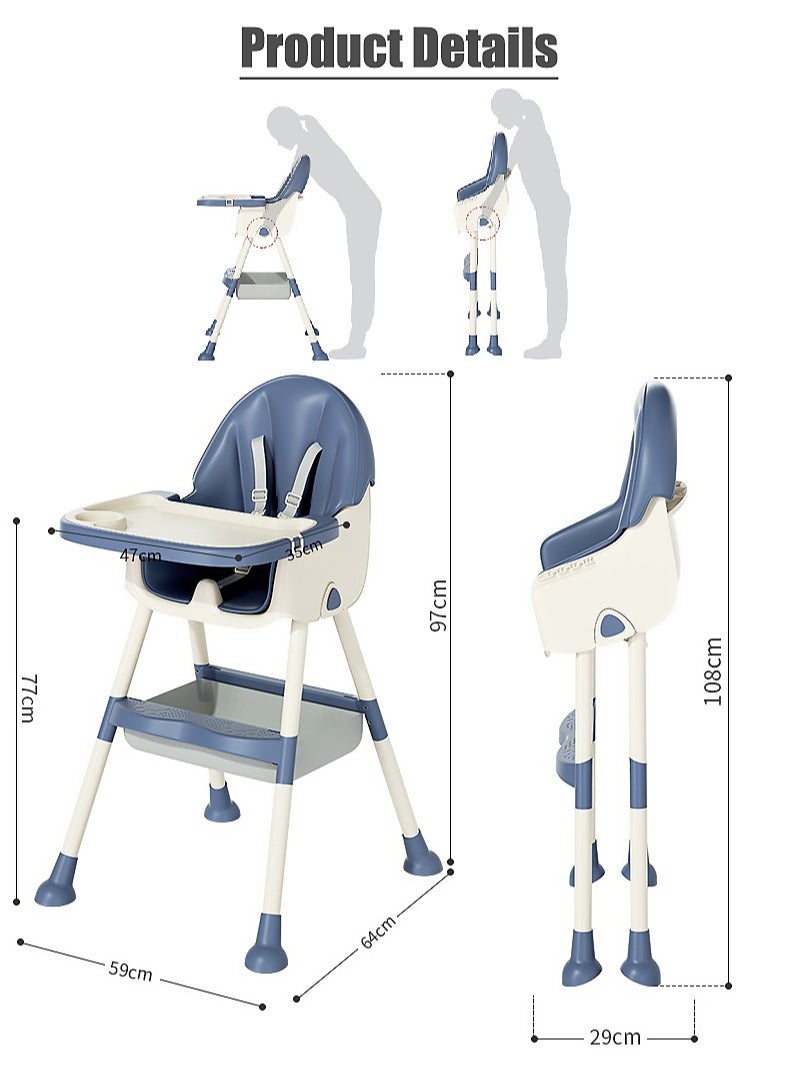 Baby High Chair for Toddlers, Foldable High Chairs with Adjustable Seat Heigh Recline with 4 Wheels and Removable Tray