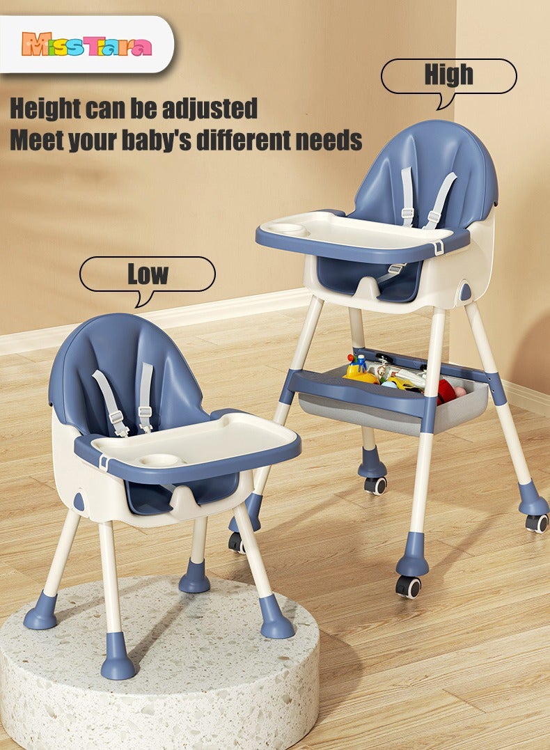 Baby High Chair for Toddlers, Foldable High Chairs with Adjustable Seat Heigh Recline with 4 Wheels and Removable Tray
