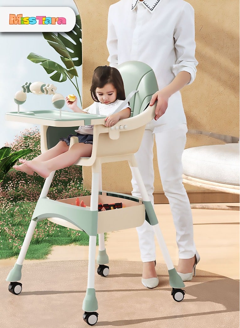 Baby High Chair for Toddlers, Foldable High Chairs with Adjustable Seat Heigh Recline with 4 Wheels and Removable Tray