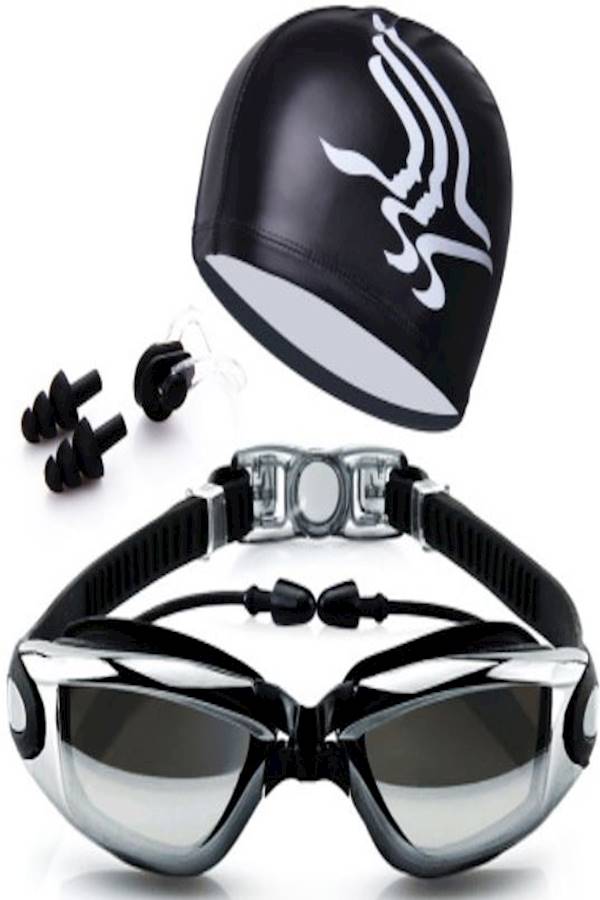 Hd Waterproof Swimming Goggles And Swimming Cap With Goggles Frame Plating Black