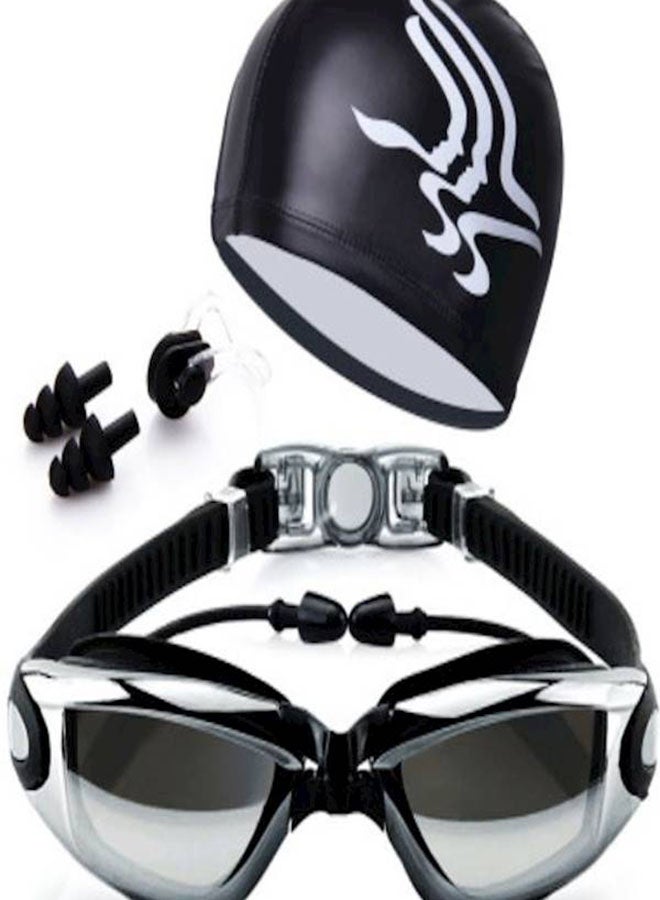 Hd Waterproof Swimming Goggles And Swimming Cap With Goggles Frame Plating Black