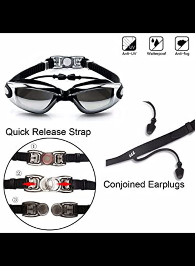 Hd Waterproof Swimming Goggles And Swimming Cap With Goggles Frame Plating Black