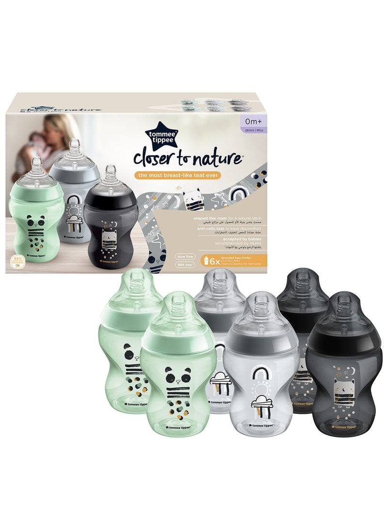 Pack Of 6 Closer To Nature Baby Bottles, Slow-Flow Breast-Like Teat With Anti-Colic Valve 0 Months+, 260 ml Multicolor