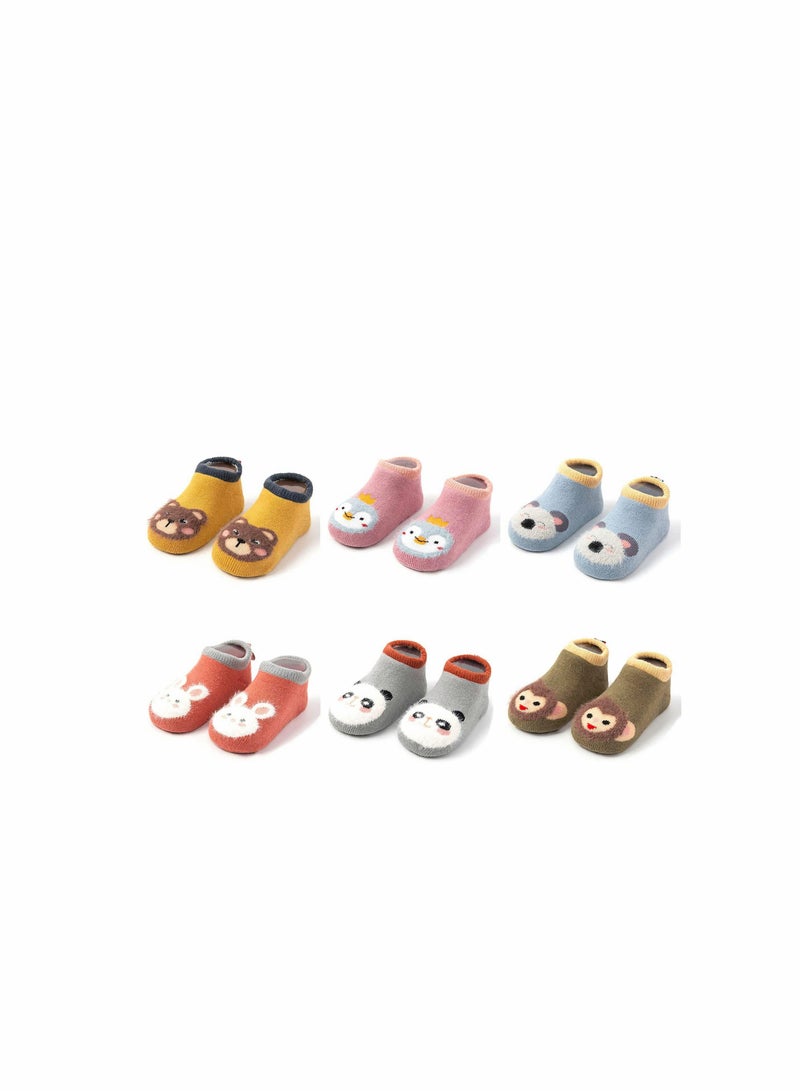 Baby Anti Slip Non Skid, Low Cut Socks No-Show Infant Cotton Cartoon Warm Slippers Floor Boat Ankle Socks - 6Pairs