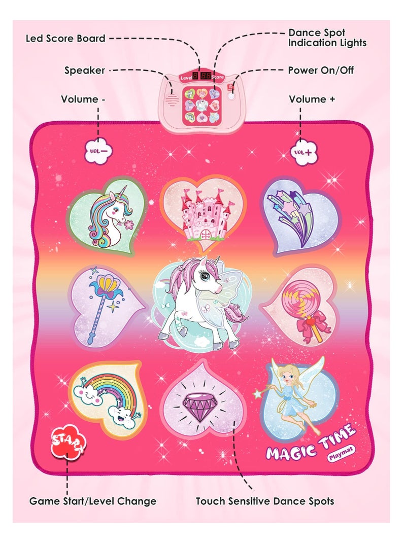 Unicorn Dance Mat Toys, Dance Musical Play Mat with 5 Game Modes& 8 Built-in Songs, Play Mat with LED Lights, Adjustable Volume, Suitable for 3 -6+ Year Old Girl Kid