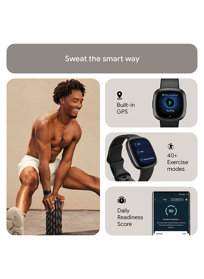 Versa 4, Health & Fitness Smartwatch with Built-in GPS and Up To 6+ Days Battery Life, 6-months Premium Membership Included, compatible with Android and iOS Black/Graphite + Free Aria Air Scale White