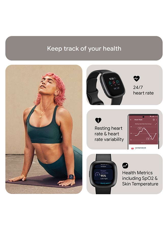 Versa 4, Health & Fitness Smartwatch with Built-in GPS and Up To 6+ Days Battery Life, 6-months Premium Membership Included, compatible with Android and iOS Black/Graphite + Free Aria Air Scale White