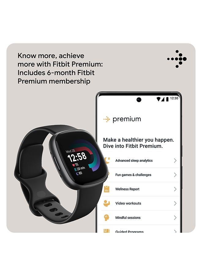 Versa 4, Health & Fitness Smartwatch with Built-in GPS and Up To 6+ Days Battery Life, 6-months Premium Membership Included, compatible with Android and iOS Black/Graphite + Free Aria Air Scale White