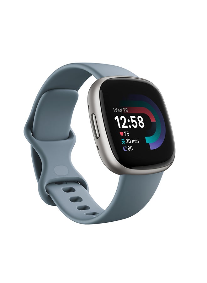 Versa 4, Health & Fitness Smartwatch with Built-in GPS and Up To 6+ Days Battery Life, 6-months Premium Membership Included, compatible with Android and iOS Waterfall Blue/Platinum + Free Aria Air Scale White