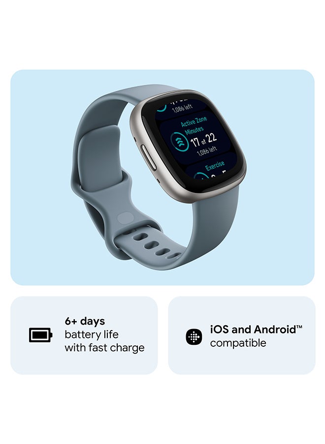 Versa 4, Health & Fitness Smartwatch with Built-in GPS and Up To 6+ Days Battery Life, 6-months Premium Membership Included, compatible with Android and iOS Waterfall Blue/Platinum + Free Aria Air Scale White