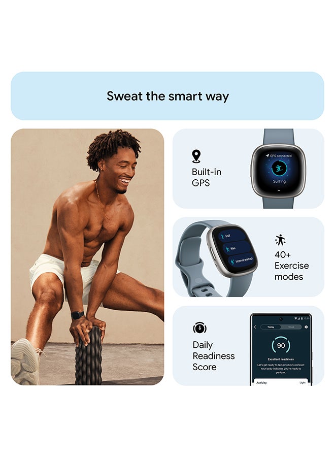 Versa 4, Health & Fitness Smartwatch with Built-in GPS and Up To 6+ Days Battery Life, 6-months Premium Membership Included, compatible with Android and iOS Waterfall Blue/Platinum + Free Aria Air Scale White