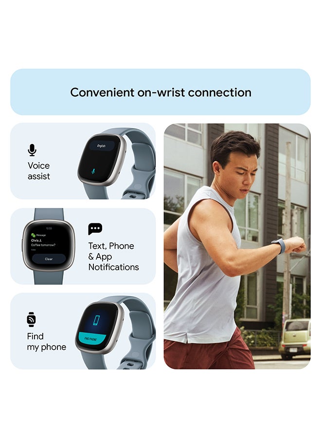 Versa 4, Health & Fitness Smartwatch with Built-in GPS and Up To 6+ Days Battery Life, 6-months Premium Membership Included, compatible with Android and iOS Waterfall Blue/Platinum + Free Aria Air Scale White