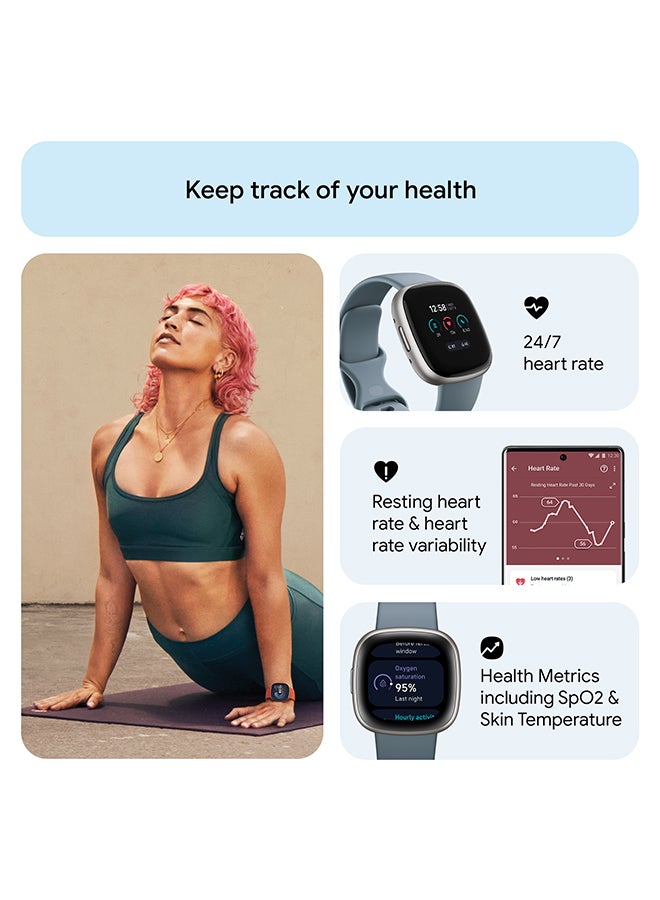Versa 4, Health & Fitness Smartwatch with Built-in GPS and Up To 6+ Days Battery Life, 6-months Premium Membership Included, compatible with Android and iOS Waterfall Blue/Platinum + Free Aria Air Scale White
