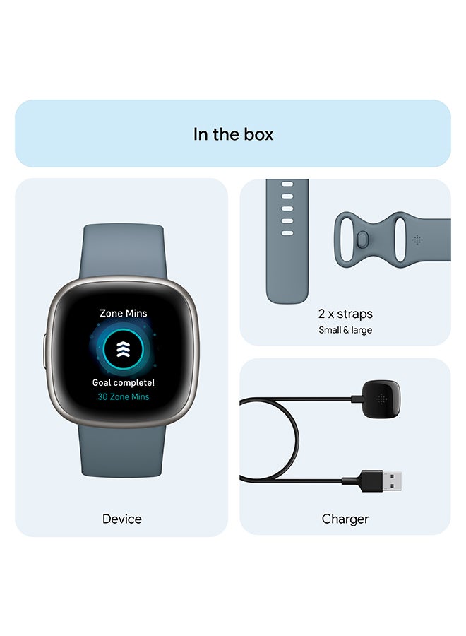 Versa 4, Health & Fitness Smartwatch with Built-in GPS and Up To 6+ Days Battery Life, 6-months Premium Membership Included, compatible with Android and iOS Waterfall Blue/Platinum + Free Aria Air Scale White