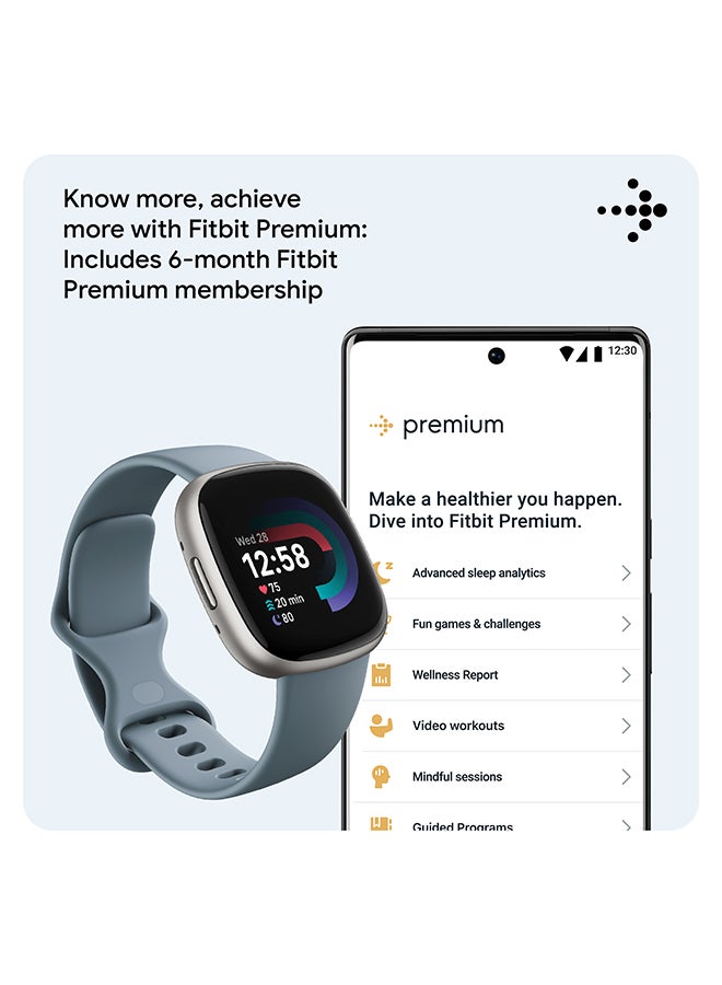 Versa 4, Health & Fitness Smartwatch with Built-in GPS and Up To 6+ Days Battery Life, 6-months Premium Membership Included, compatible with Android and iOS Waterfall Blue/Platinum + Free Aria Air Scale White