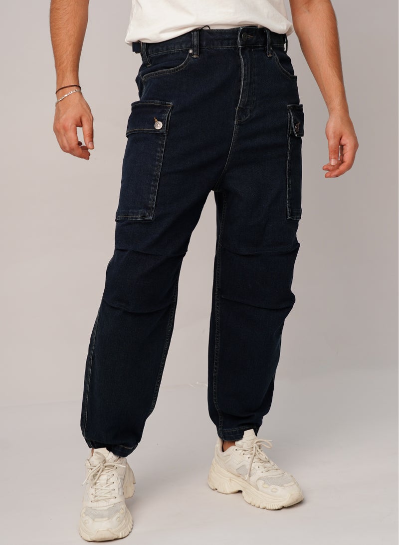 Men’s Dyed Multi Pockets Cargo Denim Jeans in Dark Blue