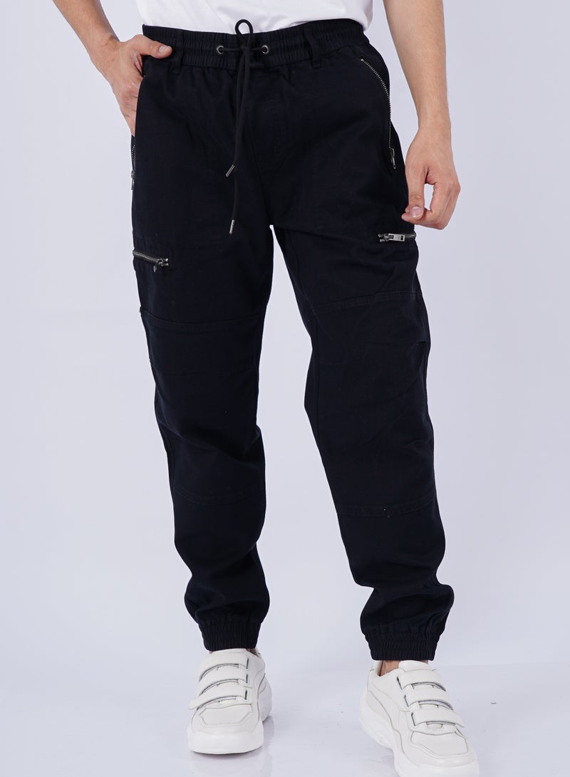 Men’s Zip Closer Pockets Denim Cargo Jeans in Black Demin