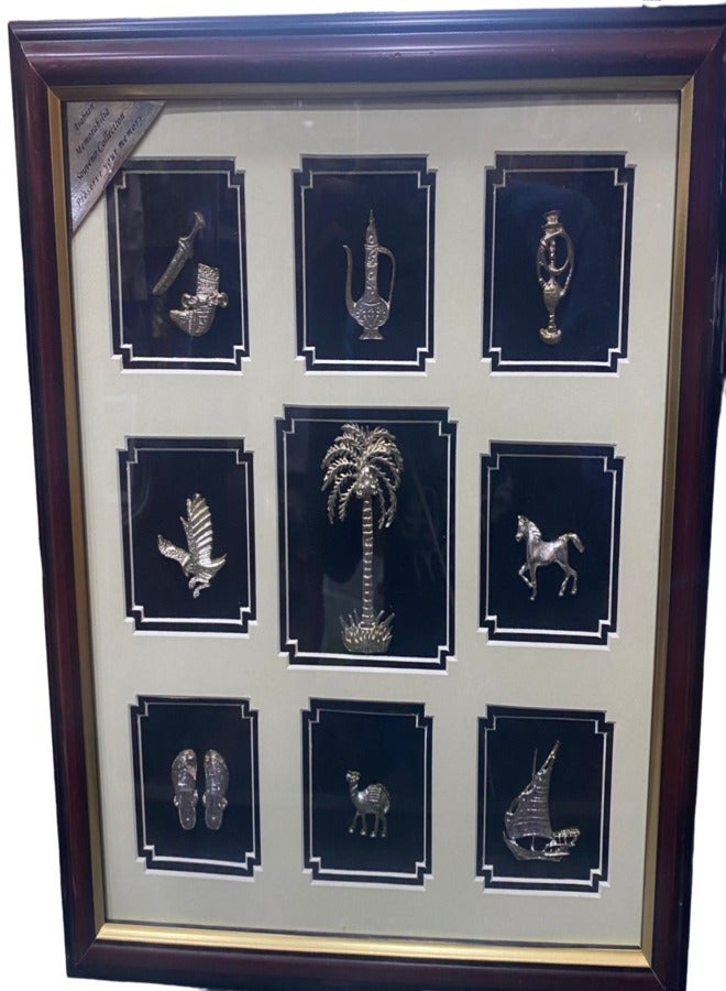 Handmade Frame With 9 Different Silver Souvenirs Under Glass 37cmx37cm