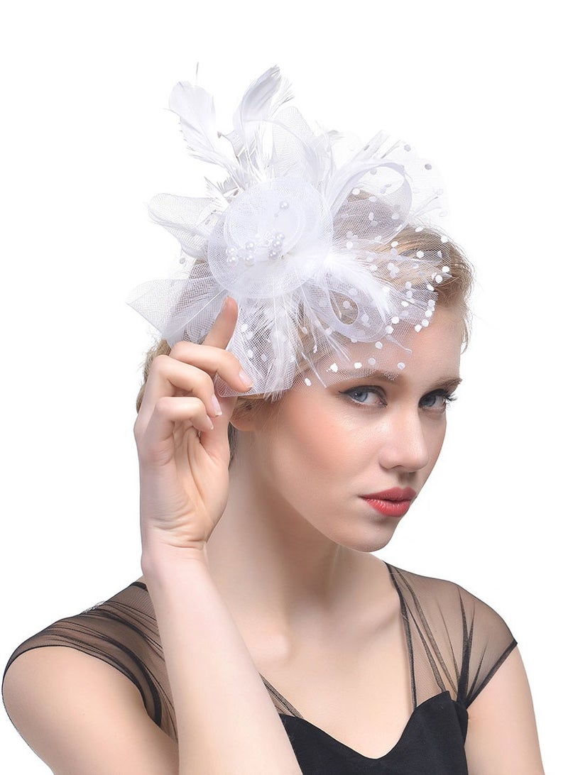 Ddaniela Monalisa Fascinator Hats for Women Tea Party Headband,  Hat Flower Mesh Ribbons Feathers on a Headband and a Clip Tea Party Headwear for Girls and Women White