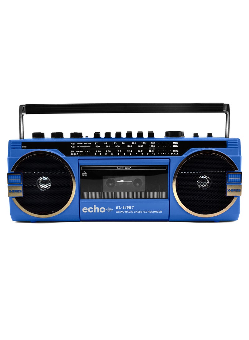 Echo Audio Retro Blast Bluetooth Boombox Portable Cassette Player Tape Recorder AM/FM/SW 3 Band Radio Two 8W X-Bass Speakers Voice Recording Headphone Jack Supports USB and SD Cards