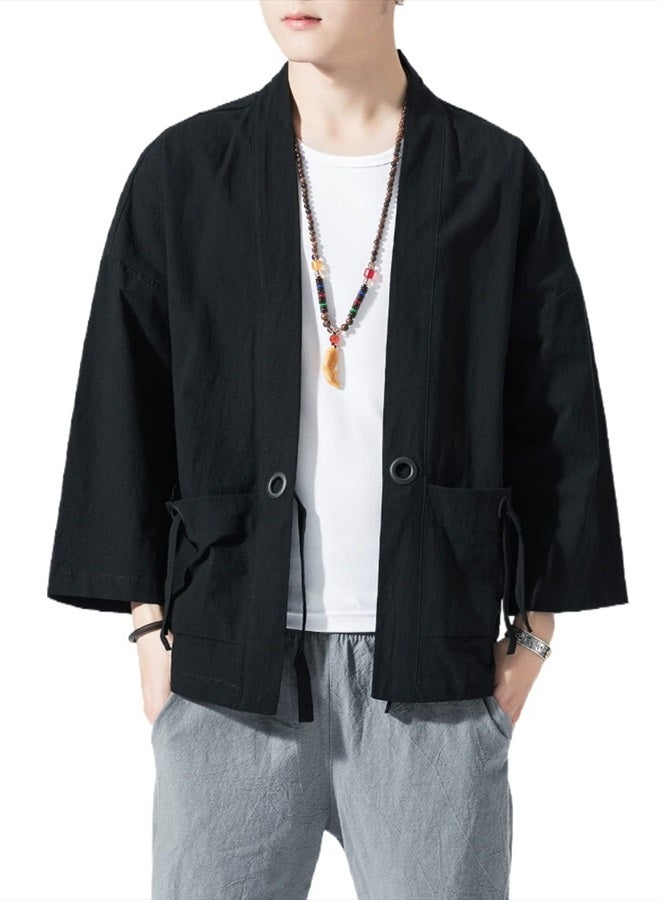 Men's Japanese Kimono Cardigan Loose Cotton Linen 3/4 Sleeve Open Front Casual Summer Shirt Jackets 01- Black Medium