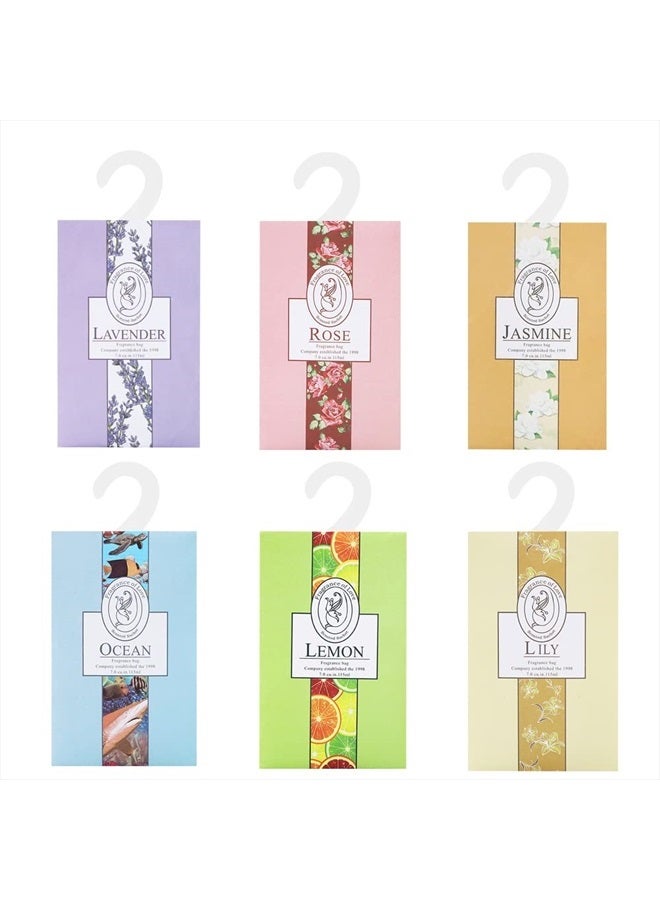 6 Sachets with Hanging Sachets Aromatherapy Fragrance Sachet Bags Wardrobe Fresheners for Drawer Wardrobe Room (Jasmine, Rose, Lavender, Lily, Ocean, Lemon)