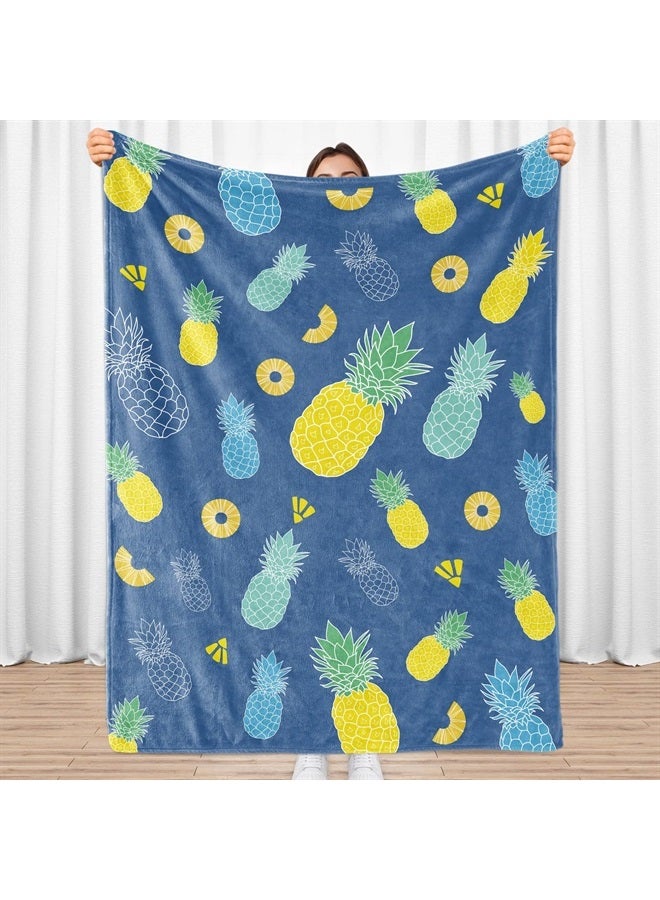 Pineapple Blanket, Blue and Yellow Throw Blanket for Tropical Fruit Lovers, Soft Lightweight Flannel Blanket, Cozy Fleece Blankets Bedding Gifts for Kids, Boys, Couch, Bed, Living Room, 50