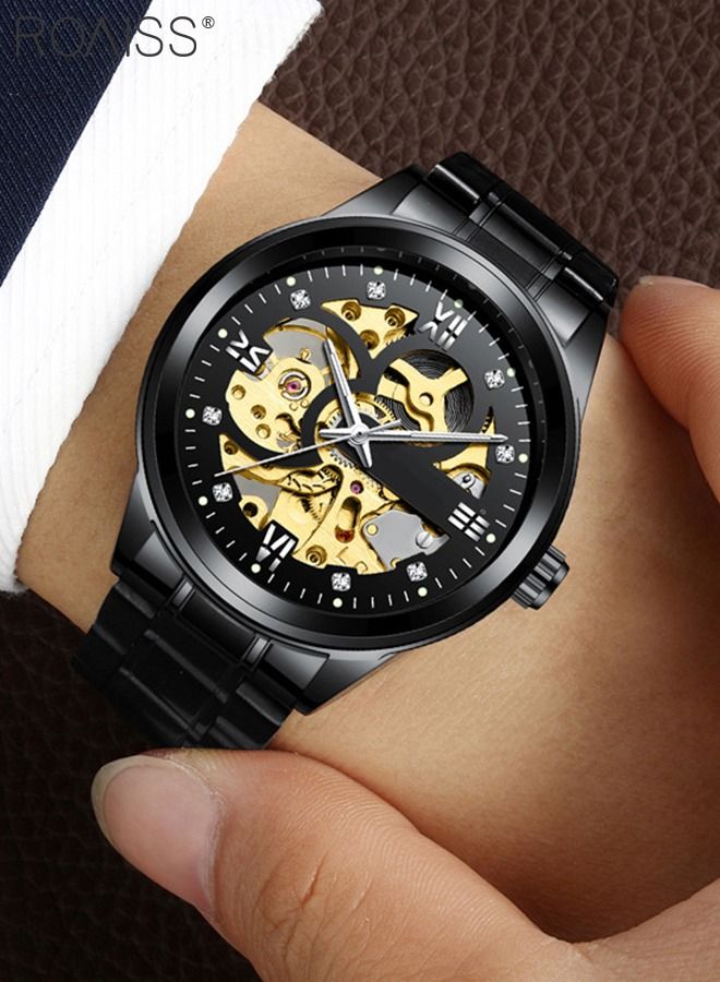 Men's Stainless Steel Strap Mechanical Watch Analog Display Round Black Dial with Hollow Pattern Decoration Waterproof Luminous Wristwatch as Gift for Men