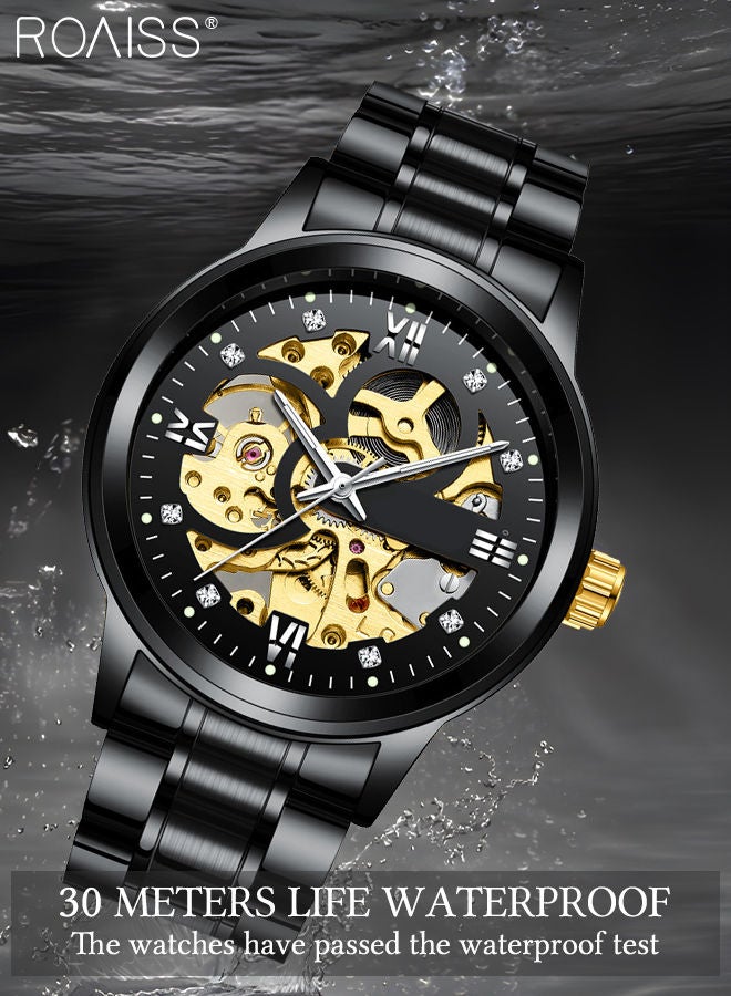 Men's Stainless Steel Strap Mechanical Watch Analog Display Round Black Dial with Hollow Pattern Decoration Waterproof Luminous Wristwatch as Gift for Men