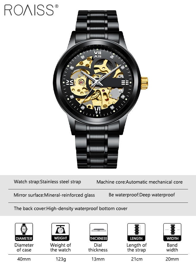 Men's Stainless Steel Strap Mechanical Watch Analog Display Round Black Dial with Hollow Pattern Decoration Waterproof Luminous Wristwatch as Gift for Men