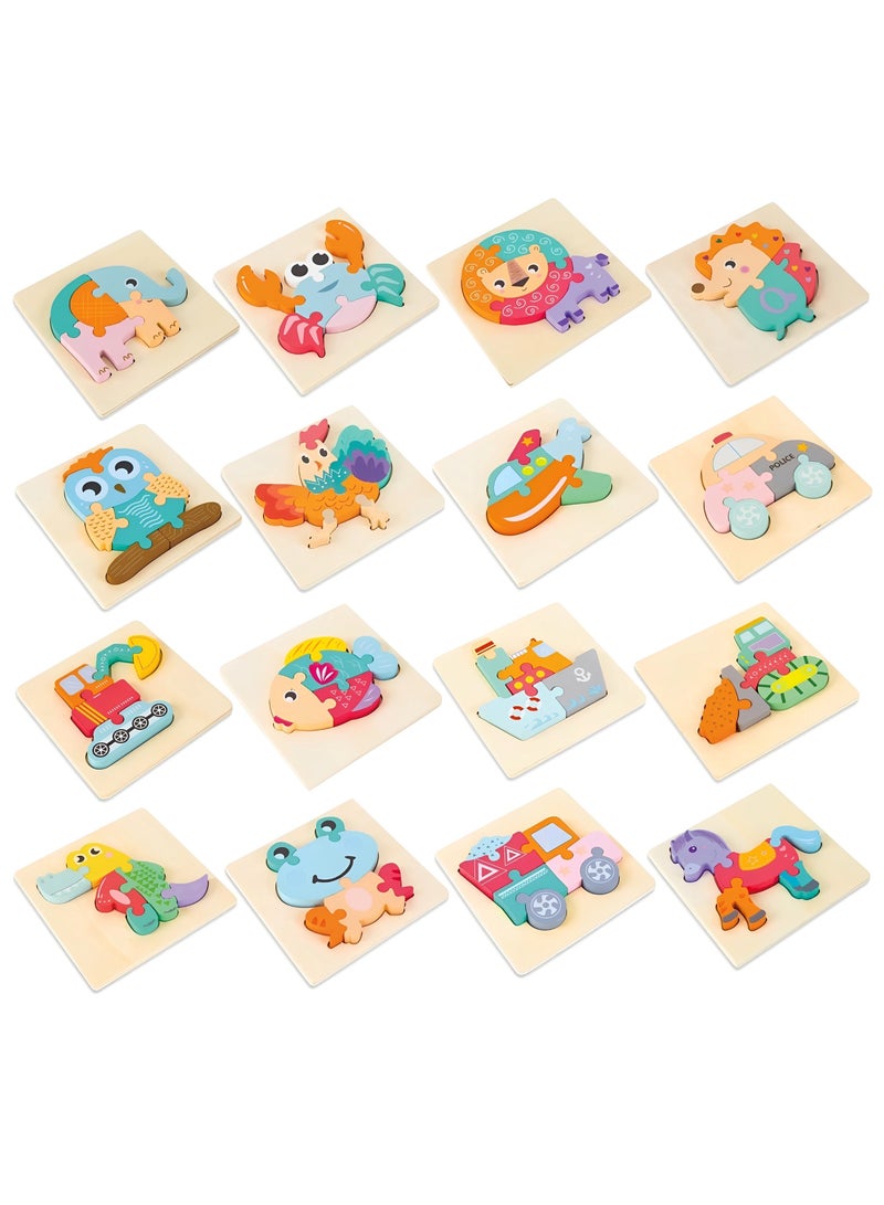 Pack of 16 Wooden 3D Jigsaw Puzzles Includes Small Different Shapes for Toddlers, Early Learning Montessori Toys for Age 2 Years and Above, Attractive Color and Pattern, Prefect Toys Gifts for Kids