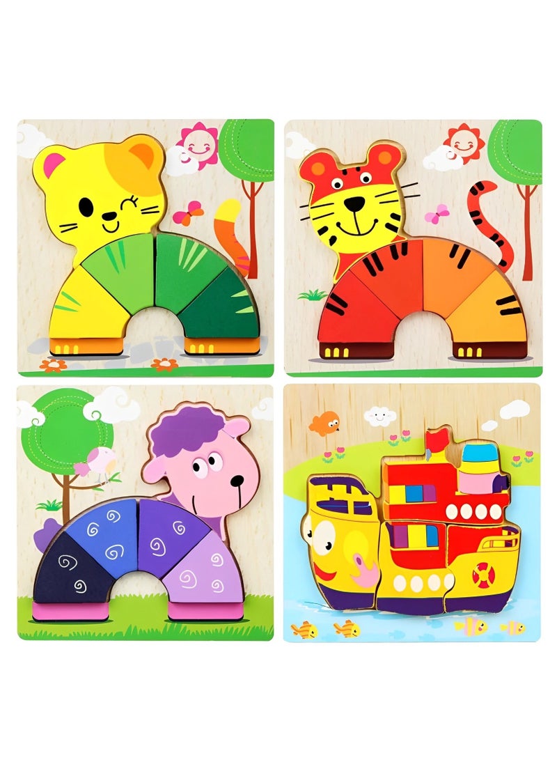 Pack of 4 Wooden 3D Jigsaw Puzzles Includes Cat Tiger Sheep and Ship Colored Shapes for Toddlers Kids, Early Learning Montessori Toys for Age 2 Years and Above, Prefect Toys Gifts for Kids