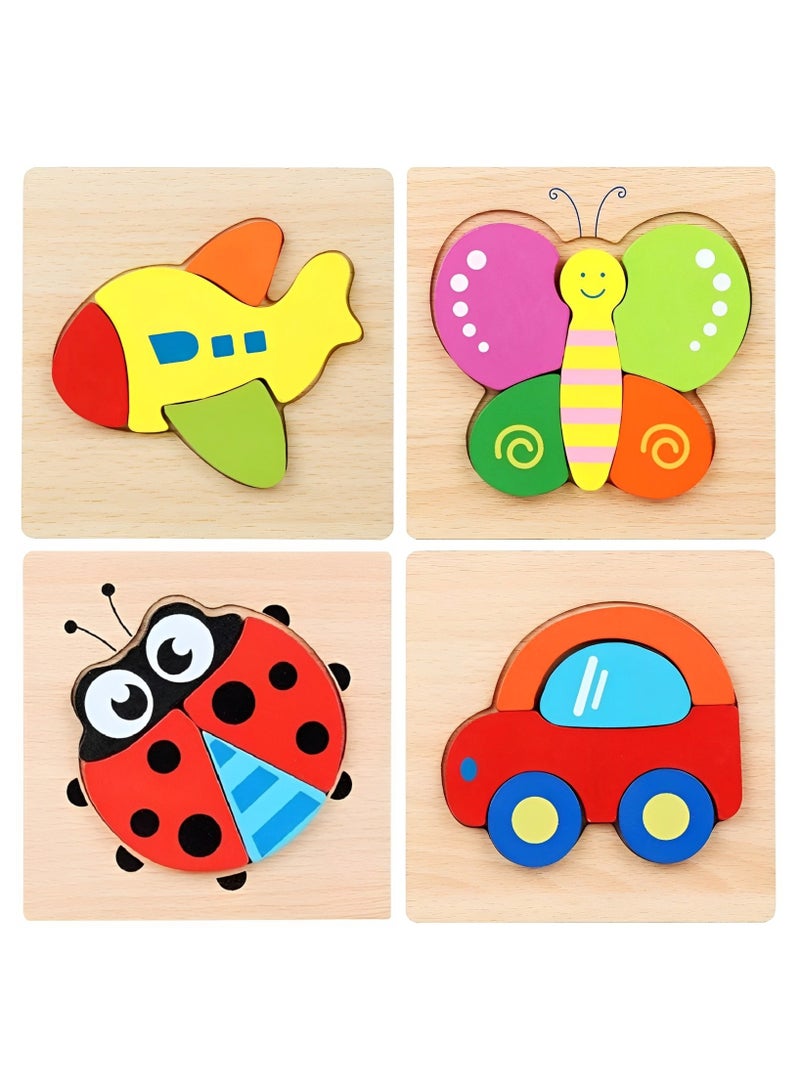 Pack of 4 Wooden 3D Jigsaw Puzzles Includes Plane Butterfly Ladybug and Car Colored Shapes for Toddlers Kids, Early Learning Montessori Toys for Age 2 Years and Above, Prefect Toys Gifts for Kids