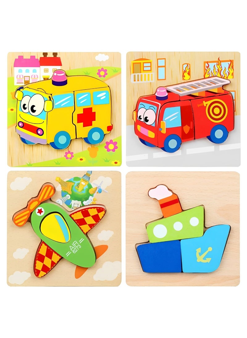Pack of 4 Wooden 3D Jigsaw Puzzles Includes Ambulance Car Fire Car  War Plane and Boat Shapes for Toddlers Kids, Early Learning Montessori Toys for Age 2 Years and Above, Prefect Toys Gifts for Kids