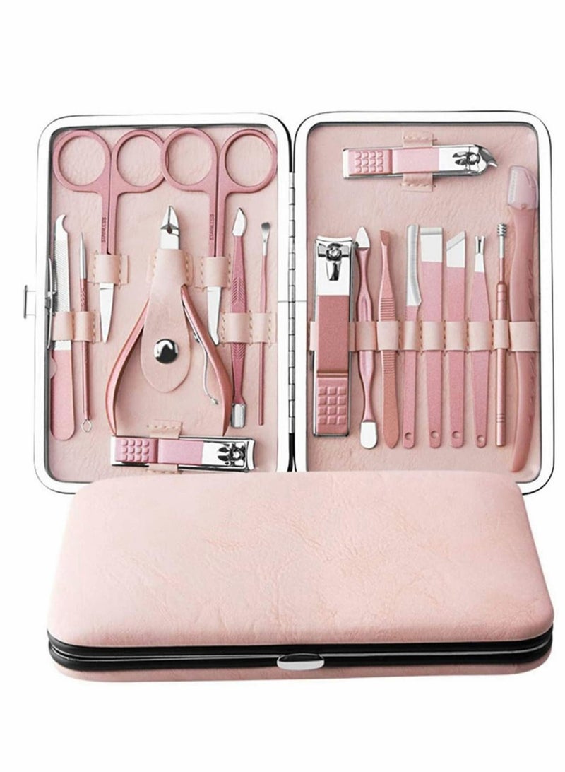 Nail Clipper, Professional Manicure Pedicure Set, Stainless Steel Kit for Women, Portable Travel Nail Tools, Scissor Tweezer Knife Ear Pick Tools 18 in 1(Rose Gold)