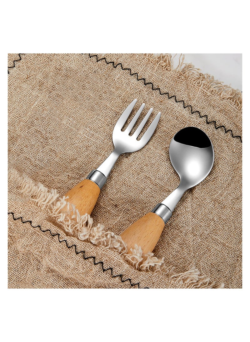 Kid Utensil Set, Kids Silverware Baby Forks and Spoons Set with Round Handle, Portable Travel Cutlery Set, Wooden Stainless Steel Toddler Safe Fork Spoon (Golden+Silver, 4 Pieces)