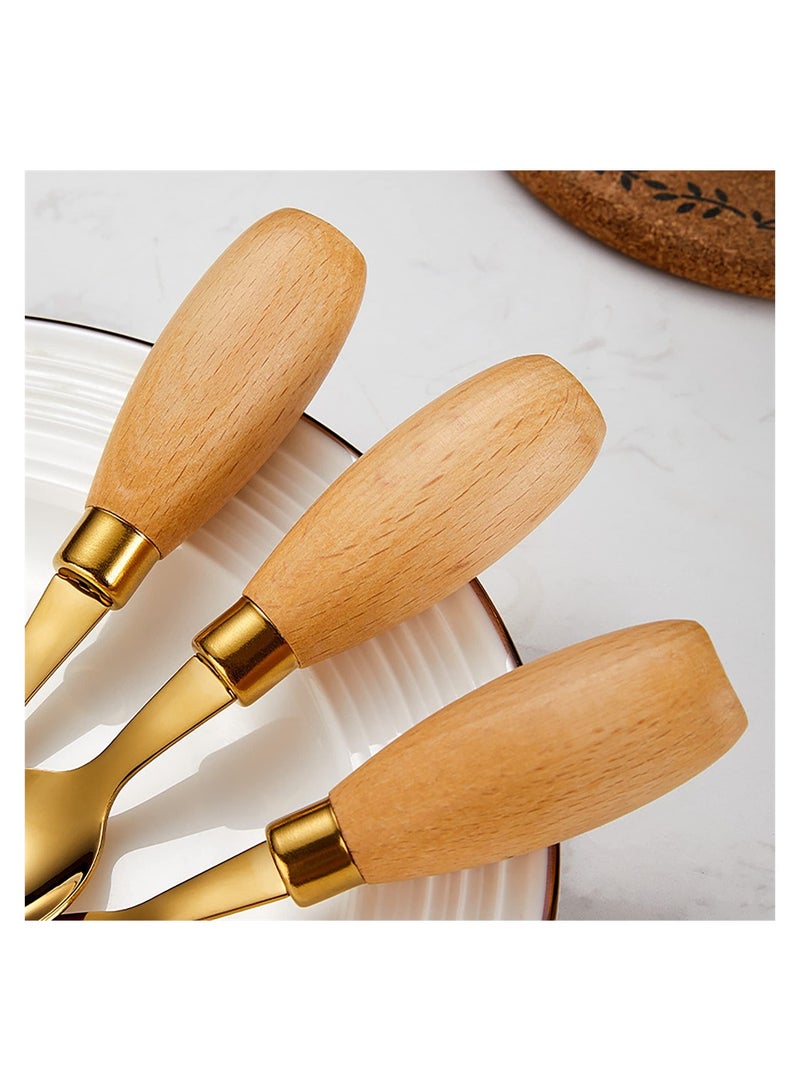 Kid Utensil Set, Kids Silverware Baby Forks and Spoons Set with Round Handle, Portable Travel Cutlery Set, Wooden Stainless Steel Toddler Safe Fork Spoon (Golden+Silver, 4 Pieces)