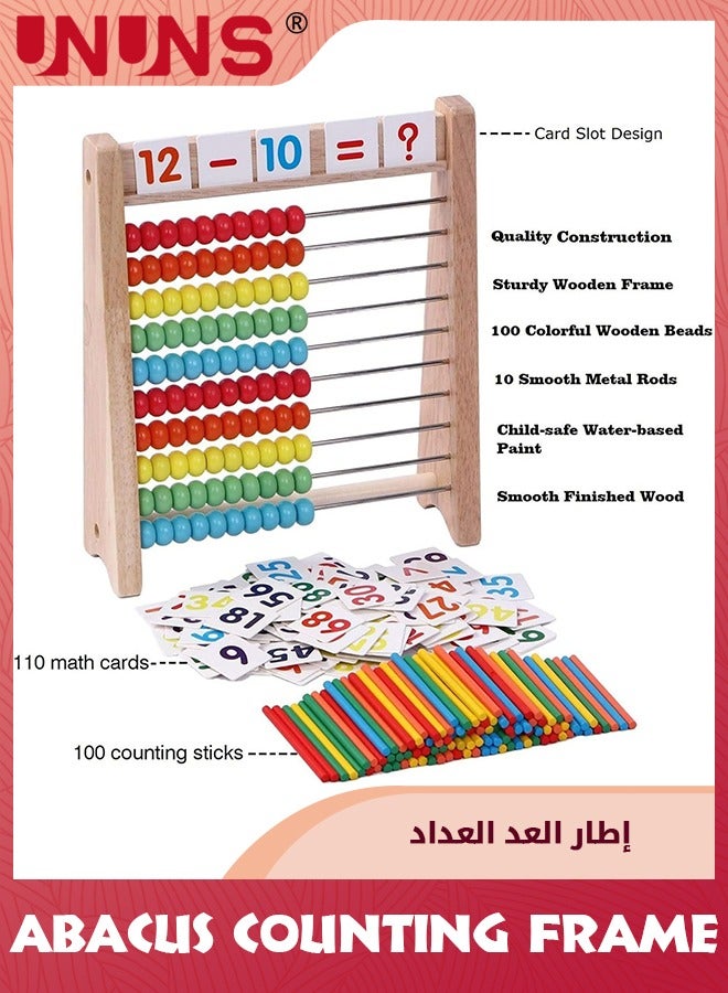 Wooden Abacus For Kids,Math Beads With 100 Counting Sticks And 110 Math Toys Cards,Educational Math Games Preschool Learning Toys, Math Manipulatives For Elementary 1st 2nd Grade