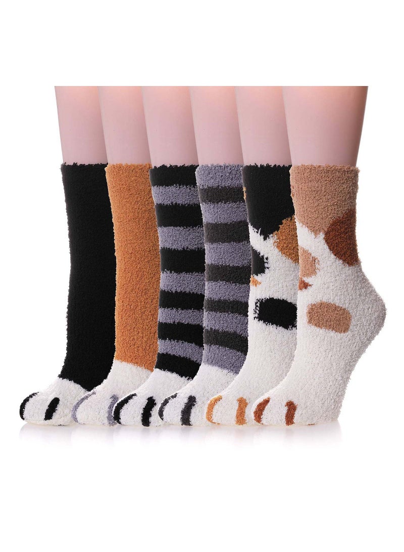Women Warm Super Soft Socks, Animal Designe Microfiber Slipper Socks, Casual Home Sleeping Fuzzy Cozy Sock, Cozy Slipper Cute Cat Claw Soft for Womens Indoor Warm Fuzzy Sleeping Socks 6 Pairs