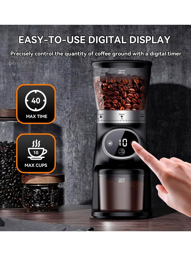 Electric Burr Coffee Grinder with Digital Control, Espresso Grinder with 31 Precise Settings for 1-10 Cups, Coffee Grinder Electric with Time Display, Black