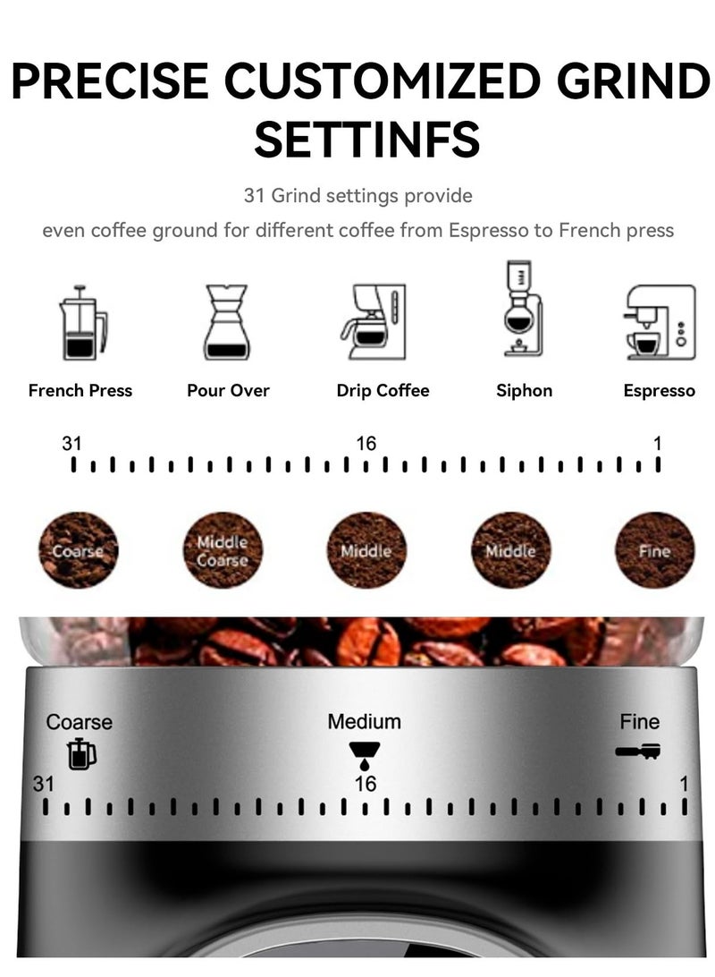 Electric Burr Coffee Grinder with Digital Control, Espresso Grinder with 31 Precise Settings for 1-10 Cups, Coffee Grinder Electric with Time Display, Black