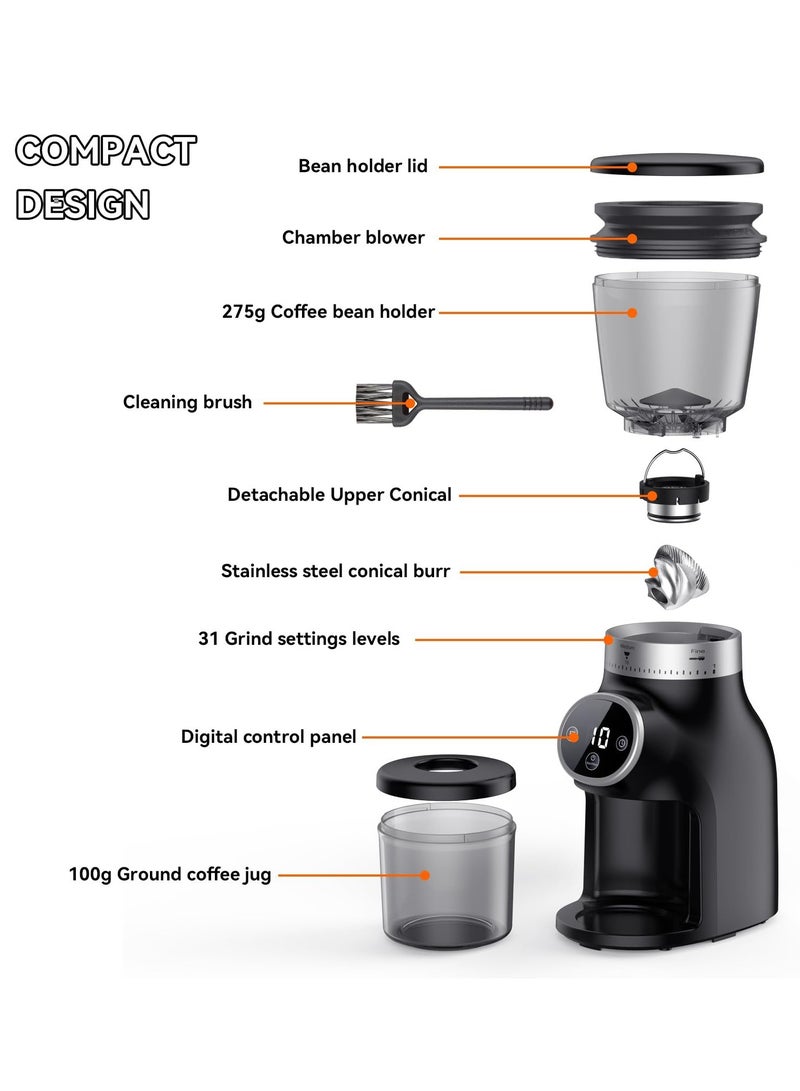 Electric Burr Coffee Grinder with Digital Control, Espresso Grinder with 31 Precise Settings for 1-10 Cups, Coffee Grinder Electric with Time Display, Black