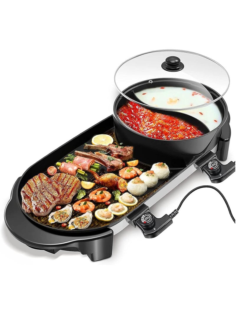 Korean Hot Pot Grill Combo Electric Shabu Shabu Hot Pot Grill with Divider Korean BBQ Grill Non-Stick Pan Separate Dual Temperature Control 1-8 People Gathering Smookless 220V 2000W