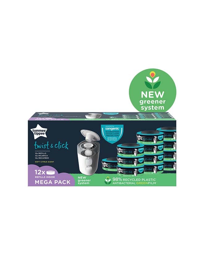 Pack Of 12 Twist And Click Advanced Nappy Bin Refill Cassettes, Sustainably Sourced Antibacterial Greenfilm, Grey