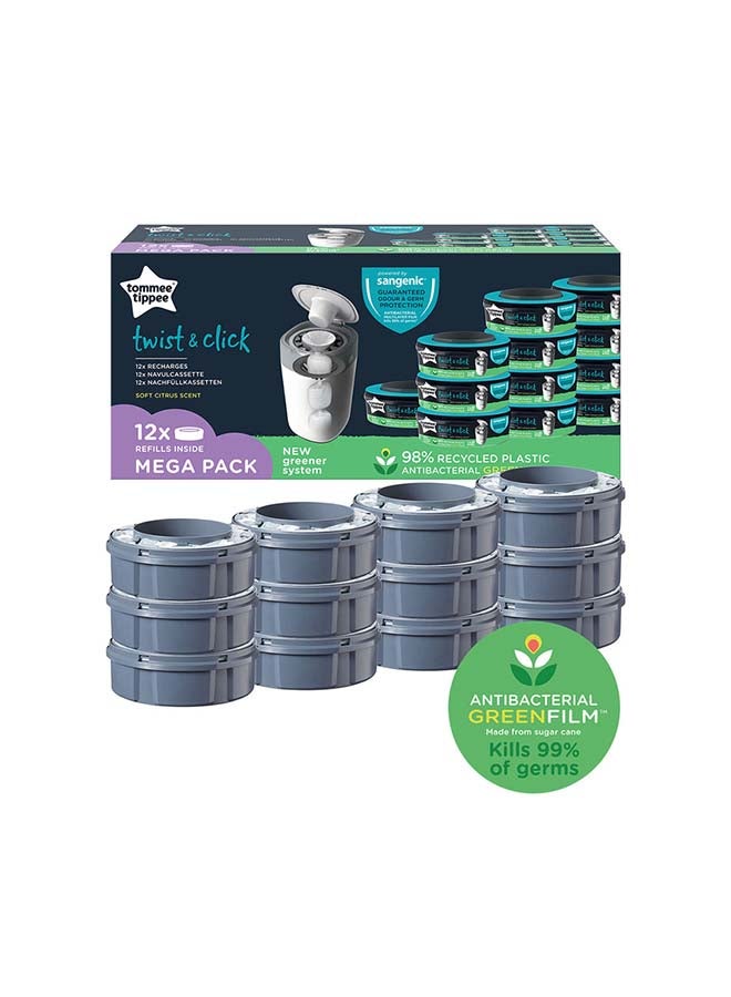 Pack Of 12 Twist And Click Advanced Nappy Bin Refill Cassettes, Sustainably Sourced Antibacterial Greenfilm, Grey