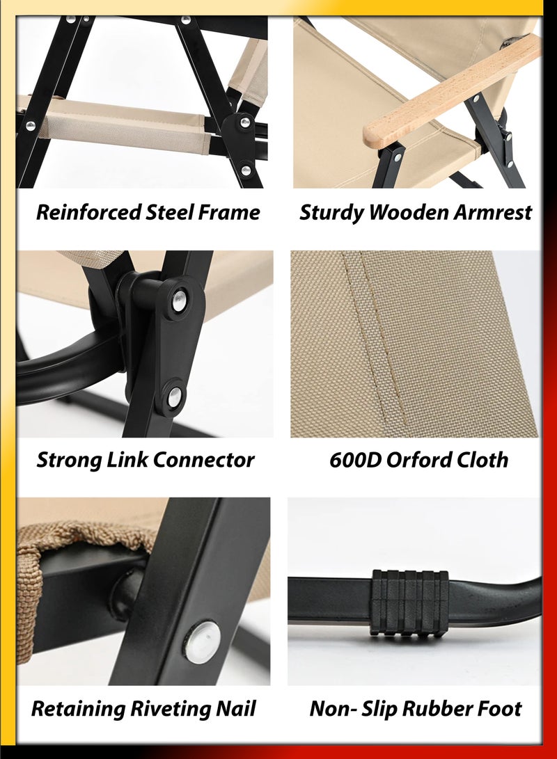 Foldable Outdoor Camping Chair With Wooden Armrests Design Folding Beach Chair For Camping Picnics Fishing Patio Garden Lawn Backyard BBQ Pool Side Party Relaxation Portable Seating Furniture Solution