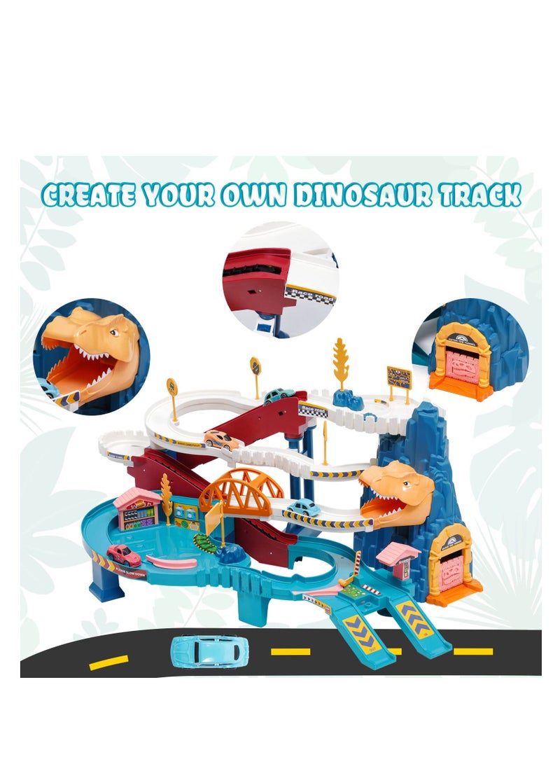 Car Racing Track for Children, Adventure Toy Dinosaur Climbing Hills Motor with 4 Cars Colourful Vehicles Construction Play Set